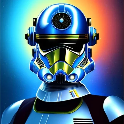 trés beau capitaine galactique, star wars style, avec costumes bleu et or , arrière fond bleu galactique étoilés, casque