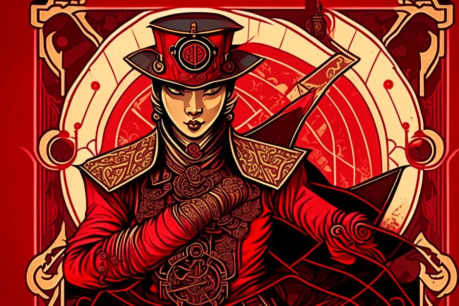 Stylized Asian Steampunk knave, In the style of Tarot and Art Deco, Red colours