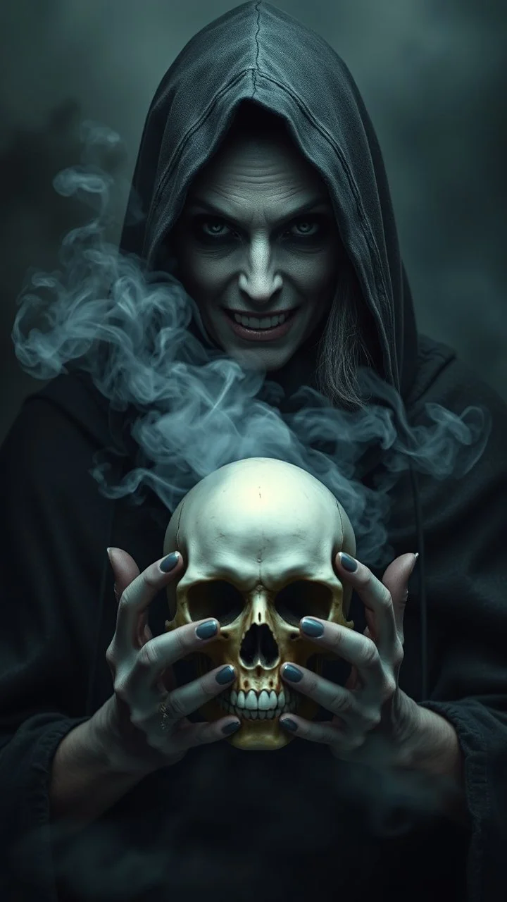 Portrait of an evil gray skin witch hooded Cary with both hands a skull in front. A lot of smoke on the background