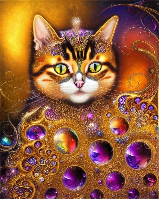 Cat , 500 x 500 pixels, glitter gold, extremely detailed fractal , fractal gems, fractal crystals, gold glitter, imperial colors ,digital oil painting , detailed art illustration, vibrant, cinematic, ornate, luxury, 8K polished in the style of Josephine Wall, Brian Froud.Thomas Kinkade