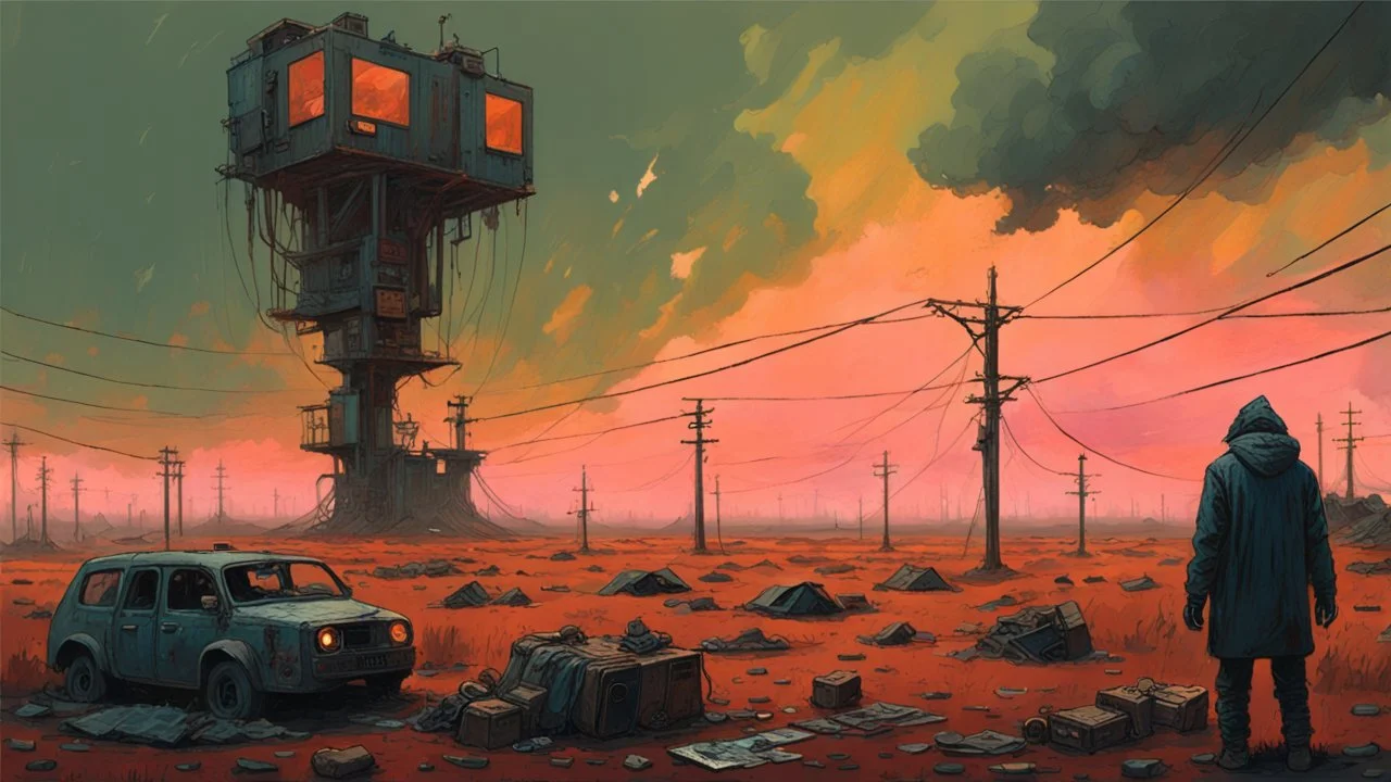 Strange surreal world, techno gothic, post apocalyptic art, neo cyberpunk renaissance, Science fiction painting, Denis Sarazhin Simon Stålenhag, Nicolas Bruno, sinister vibes, harsh survivalism, Peter Sallesen, Hamish Frater, ominous sky