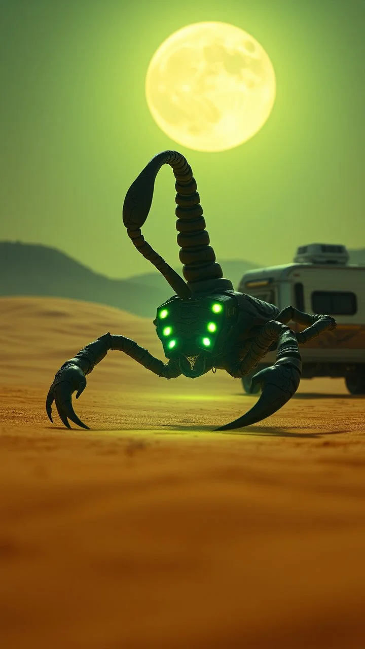 A zoom 3/2 view of Scorpion with a realistic background photo of a landscape covered in sands that looks futuristic with futuristic lighting , a caravan in the heat of the desert from the “Breaking Bad” episodes