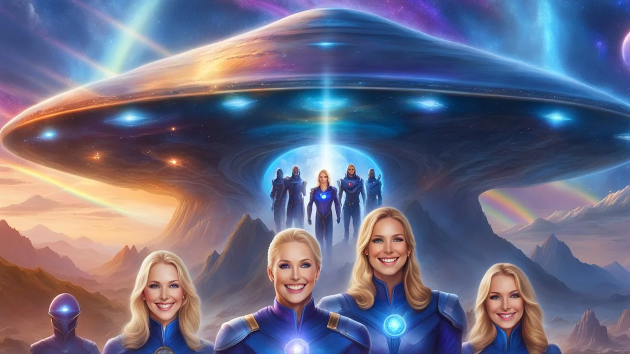 ufos rainbows,beautifuls paysages, fantastic colours,cosmic woman ,beautiful ufos rainbow, admiral from the future, galactic confédération, fine whole face, crystalline skin, expressive purple eyes,rainbow, smiling lips, very nice smile, costume pleiadian, Beautiful tall woman pleiadian Galactic commander, ship, perfect datailed golden galactic suit, high rank, long blond hair, hand whit five perfect detailed finger, amazing big puple eyes, mouth, high définition lips, cosmic happiness, bright