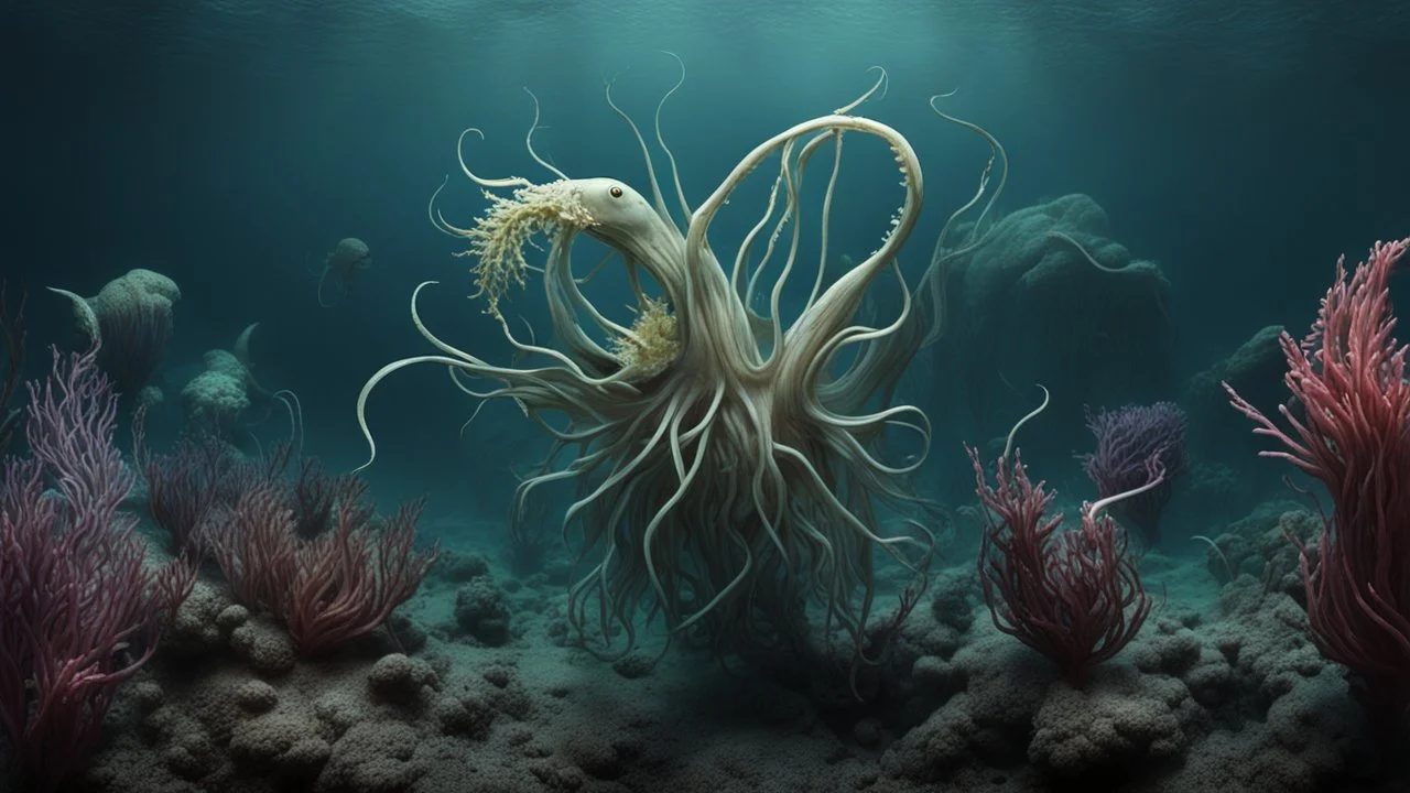 creatures, plants from subanautica from deep sea, leviathan's a lot of sea plants very deep, beautiful,