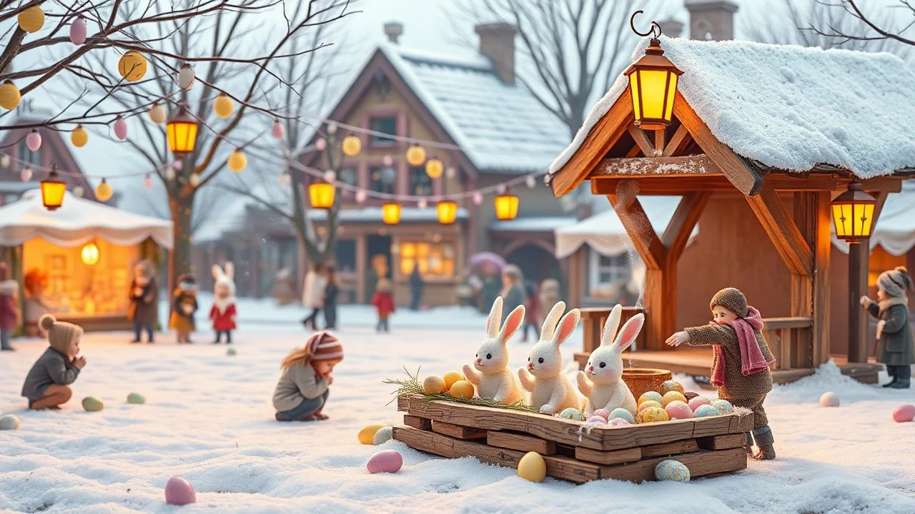 Festival Square – Subtle Excitement and Cheer"The Easter festival in the village square is alive with tiny, joyful movements. Children giggle as they crouch in the snow, their hands reaching for hidden pastel-colored eggs. A warm breeze causes ribbons tied to market stalls to flutter softly, their pastel hues catching the golden lantern light. A wooden stage creaks gently as a choir of bunny figurines sways in rhythm, singing a festive tune. A villager carefully places a fresh batch of steaming