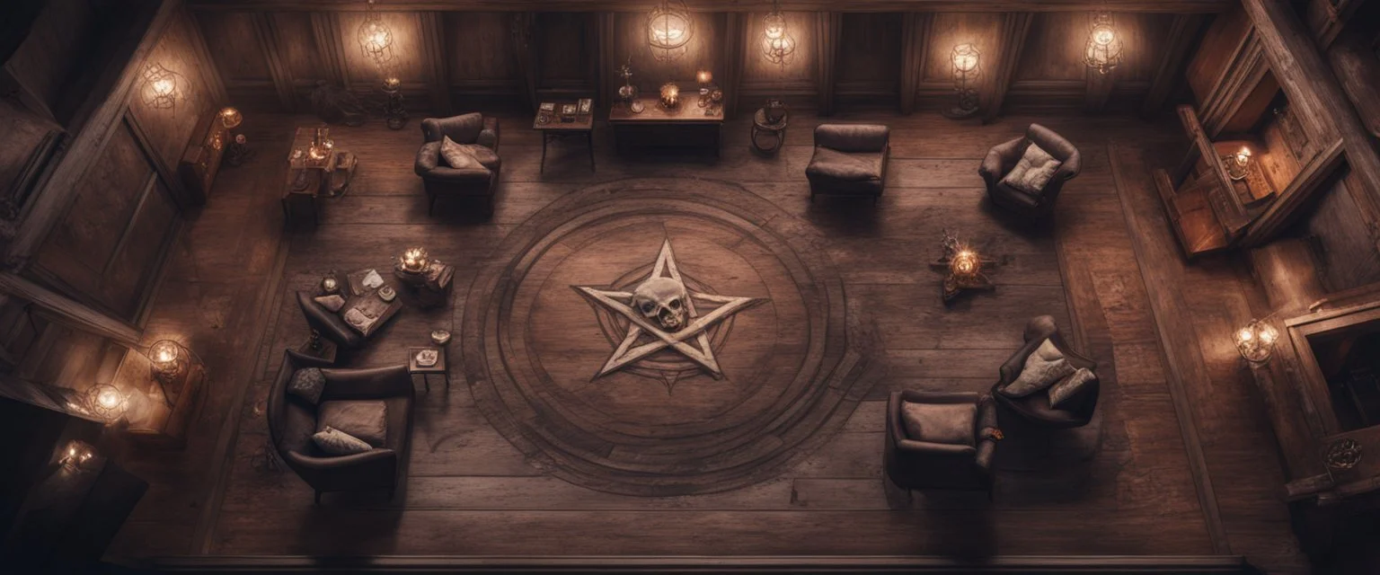 Hyper Realistic top view of huge dark mansion lounge with Zombie-pirate creepily smiling & a ritual pentagram on a rustic wall