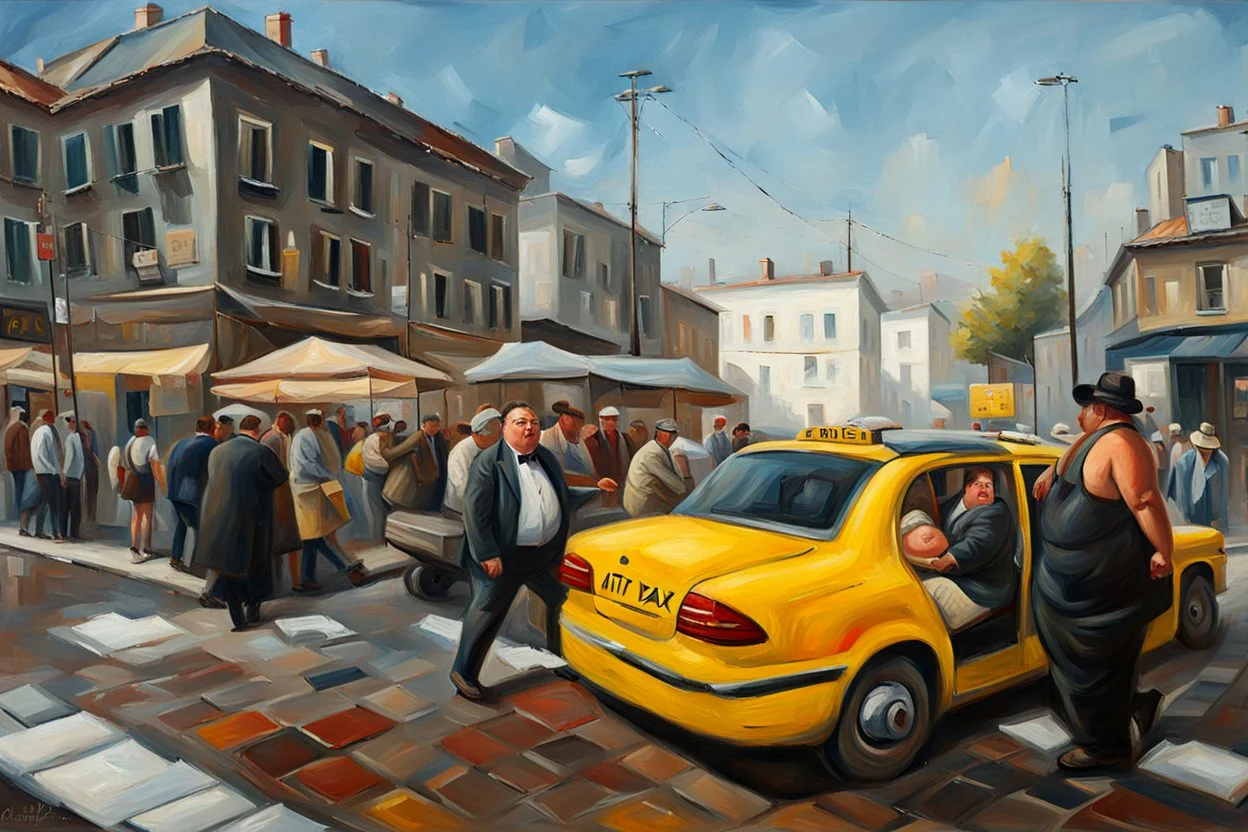 fat man model in a street in a taxi oil painting