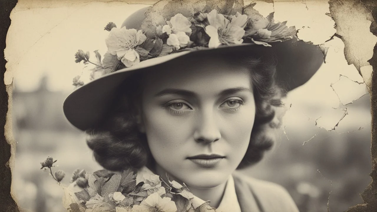 Vintage photograph of a woman in a hat with flowers, torn edges, cracks