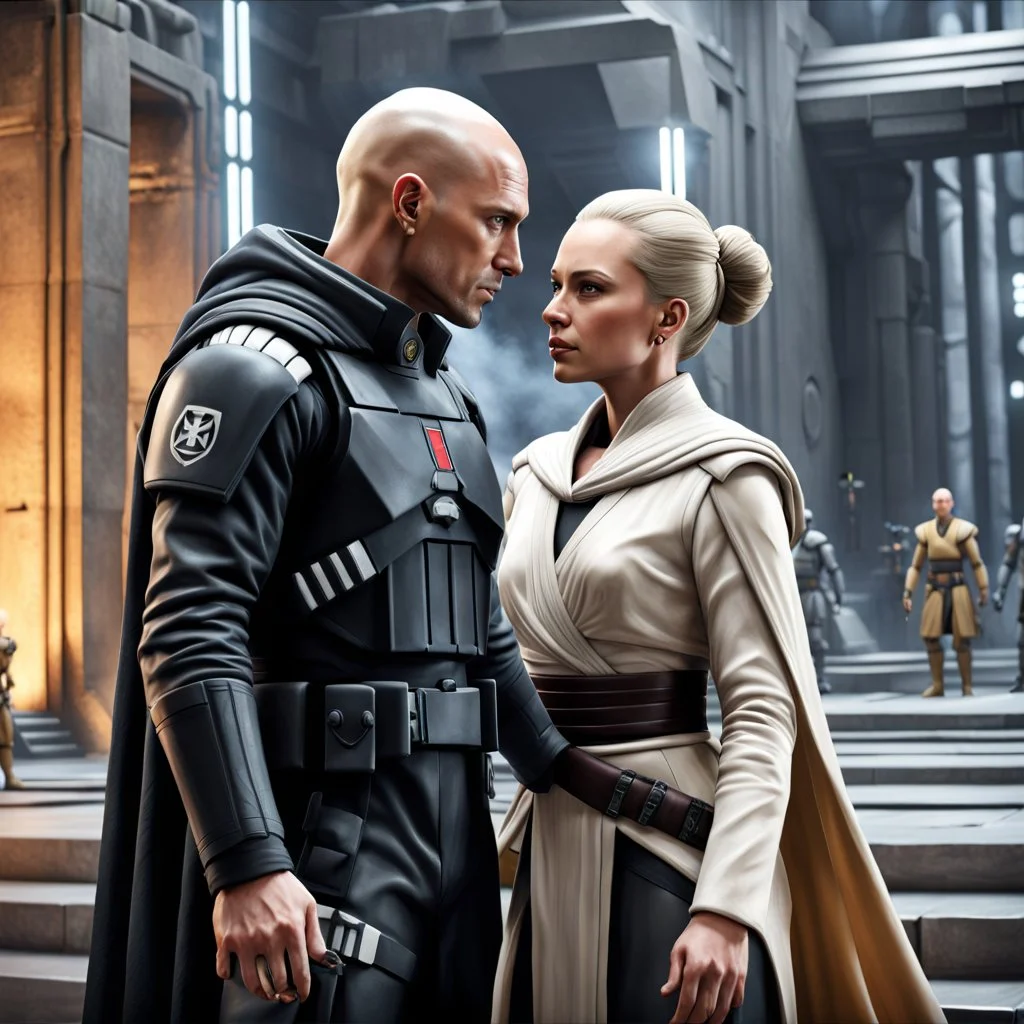 a bold and heroic bald male Corellian pilot in black and grey First Order special forces gear meets a female Jedi Master in ancient, mystical temple, hyperdetailed, dynamic lighting, hyperdetailed background, 8k resolution, volumetric lighting, light skin, fully symmetric details