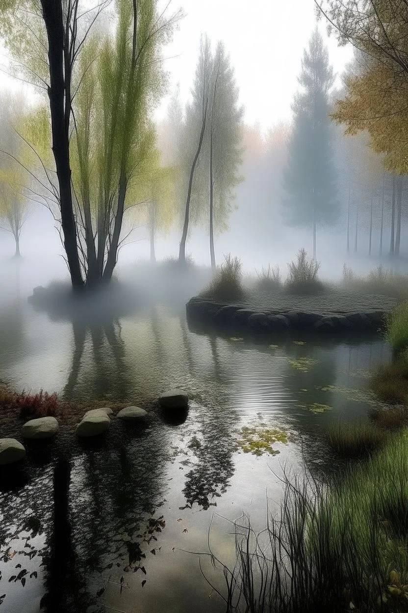 Circle pond, soft fog, with light breaking through, tall white birch trees, and a stone path flanking both sides of the pond going up to a gazebo