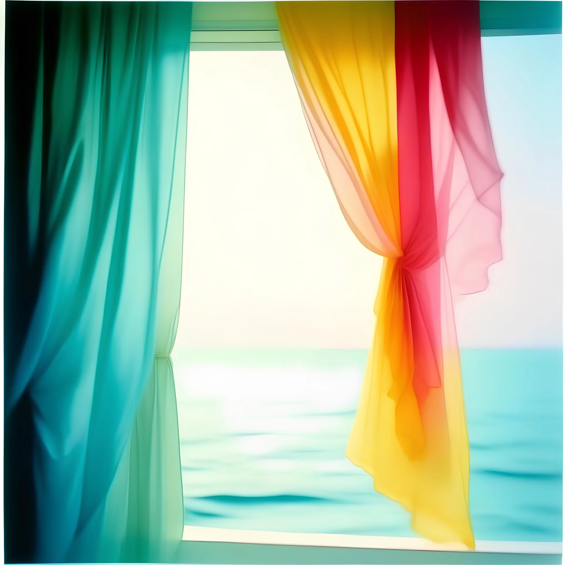 Polaroid,A white curtain above the sea, turquoise, pink, orange, yellow, wind blowing