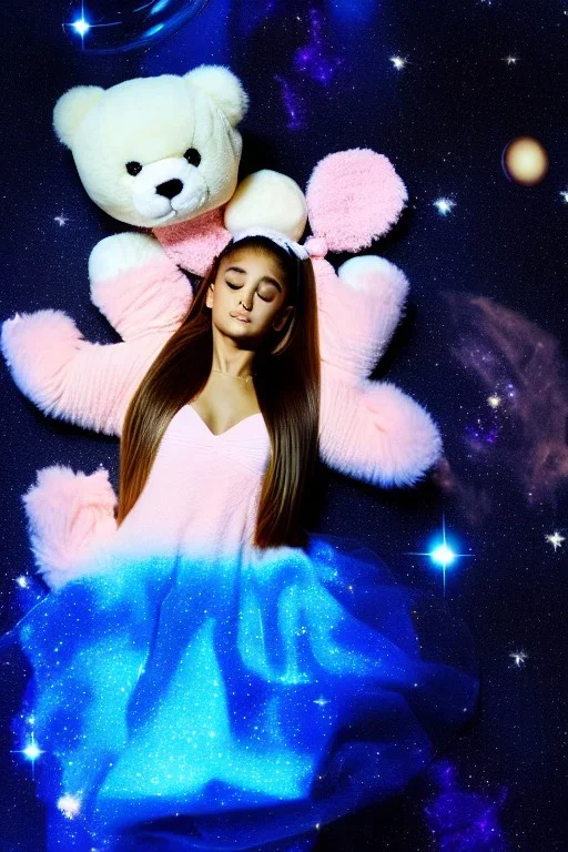 Ariana Grande floating in space with fluffy teddy bears high quality high detail high contrast