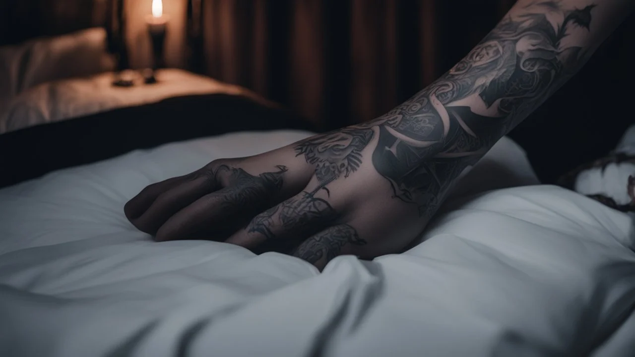 zoom on a feminine menacing hand with magic tattoos grabbing the sheet of a bed. [in the darkness of a bedroom, black magic and succubus demon] You barely open your eyes before a dark hand grabs your ankle.