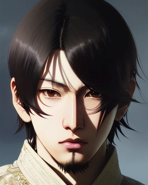 Detailed sad male anime boy with long brown hair, intricate details, full body portrait, keep head in frame, slight, black Japanese motif, concept art, highly detailed, digital painting, concept art, sharp focus, illustration, art by Yoji Shinkawa, WLOP and greg rutkowski and alphonse mucha and artgerm and yanjun Chen and Junji ito and Makoto Shinkai, HDR, octane render