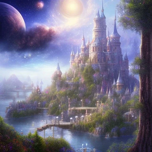 Create a fantasy world landscape. It should be like a starry sky and paradise with the city that has a wall around the city. Hopefully, we can incorporate trees, grass, and mountains.