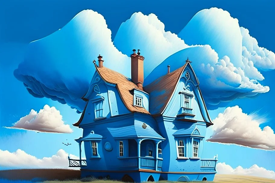 House illustration, realistic, detailed, illustrative, childrenbook style, Blue house, sky, clouds