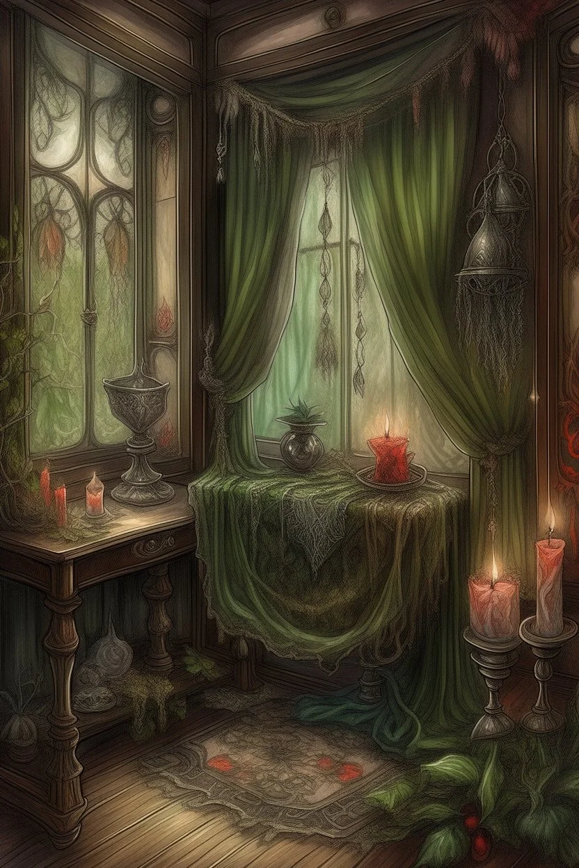 english watercolor, witch's boudoir, mirror, curtains, cobweb, filigree, dried flowers, textiles, candle, magical lighting effect, fairy tale illustration, fine drawing of details with colored pencils, grunge, high resolution, high detail, dark fantasy, dark botanical, beautiful, ISO 100, pixel graphics, hdr, emerald colors, beige, red, deep blue, umbra, grey, dusty rose, gold