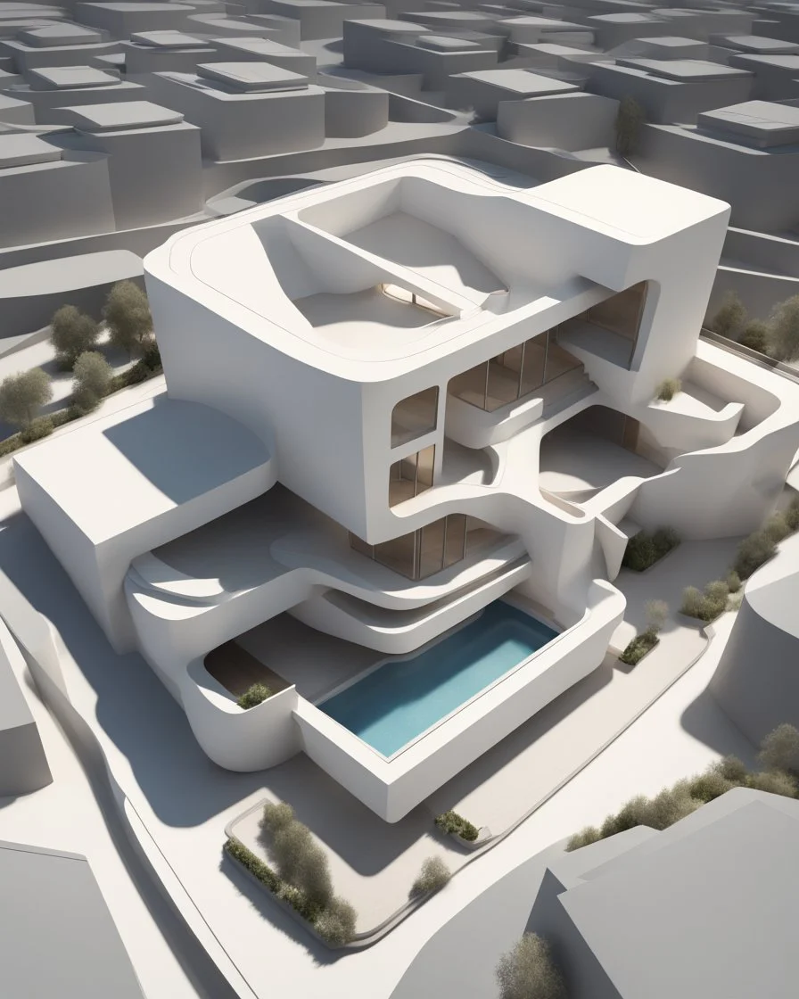 Casa geométrica en proporción aurea, estilo Zaha Hadid, calidad ultra, hiper realista, hiperdetallada, 3D 8K, vista aérea