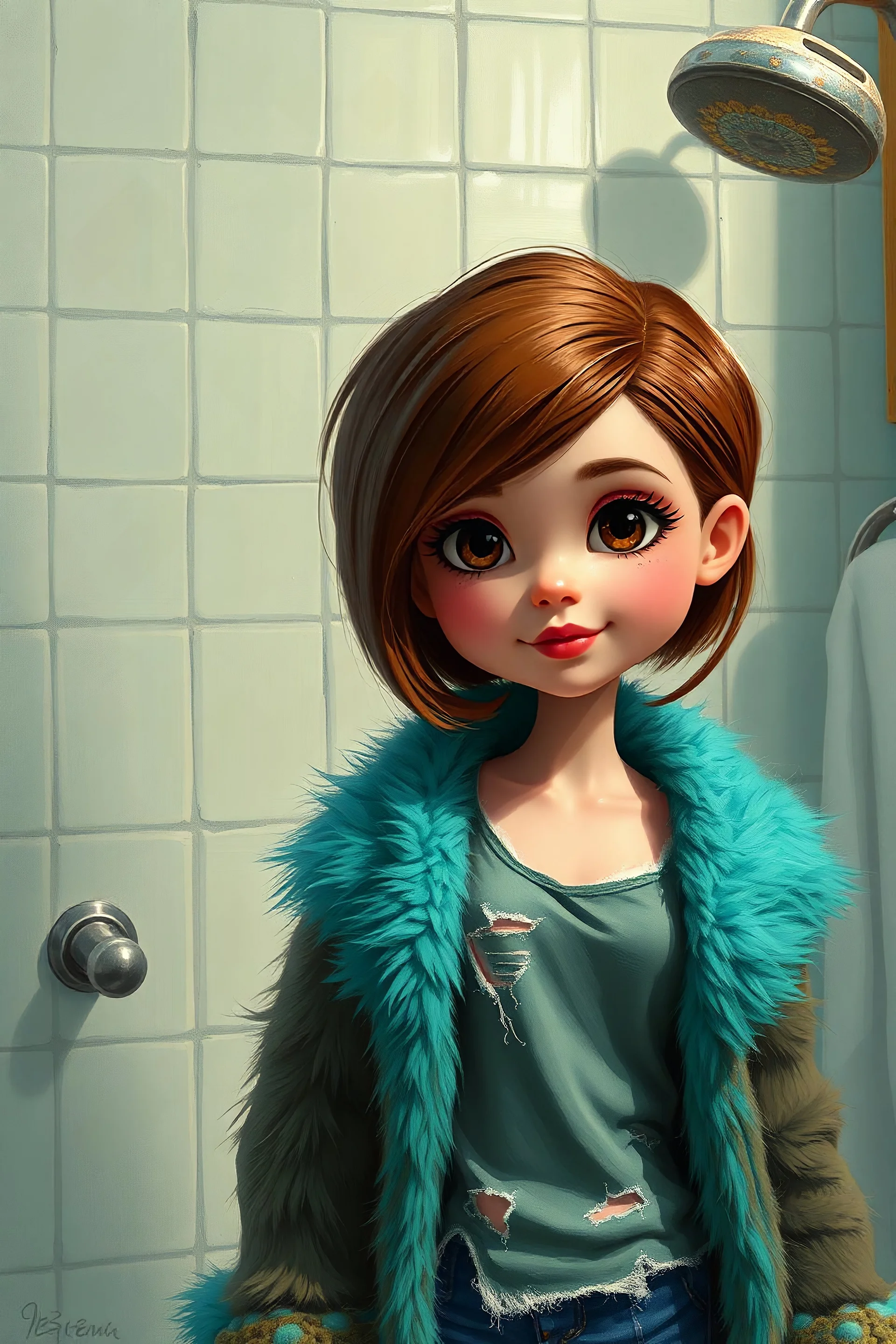 photorealistic impasto impressionist digital oil painting of a vintage styled cartoonish high Brats doll, brown hair, fur turquoise coat and torn t-shirt, , ethereal, in the bathroom,she has short hair like audrey hepburn
