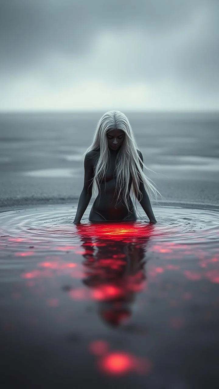 A hyper realistic photo of: Some forgotten realms strong dark skinned draw a beautiful girl with long white hair wades into a strongly dark grey colour emitting magically radiating and bubbling color pool in an endless windswept level landscape of only sand and grit. photorealistic, bokeh, masterpiece, smooth shading, ultra detailed, high resolution, cinematic, unreal 6, subtle shadows, octane render, 8k, cinema 4d, HDR, dust effect, vivid colors, thin line draw