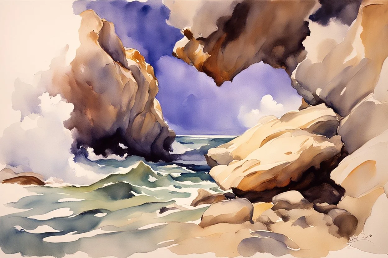 Clouds, rocks, cliffs, rocky land, sci-fi and fantasy, beyond and trascendent, 90's sci-fi movies influence, john singer sargent watercolor paintings