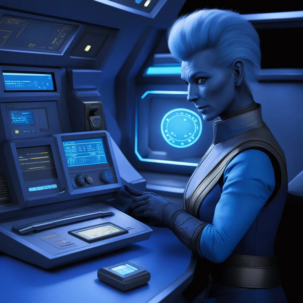 [the tricorder is plugged on the console] The Andorian communication officer delicately plugged the tricorder into the console, the soft blue light casting a gentle glow over their indigo skin. The device hummed to life, displaying intricate data streams and complex readings on the viewscreen. This was their domain, the realm of communication and technology, where the boundaries between science and fiction blurred into a seamless tapestry of possibilities.