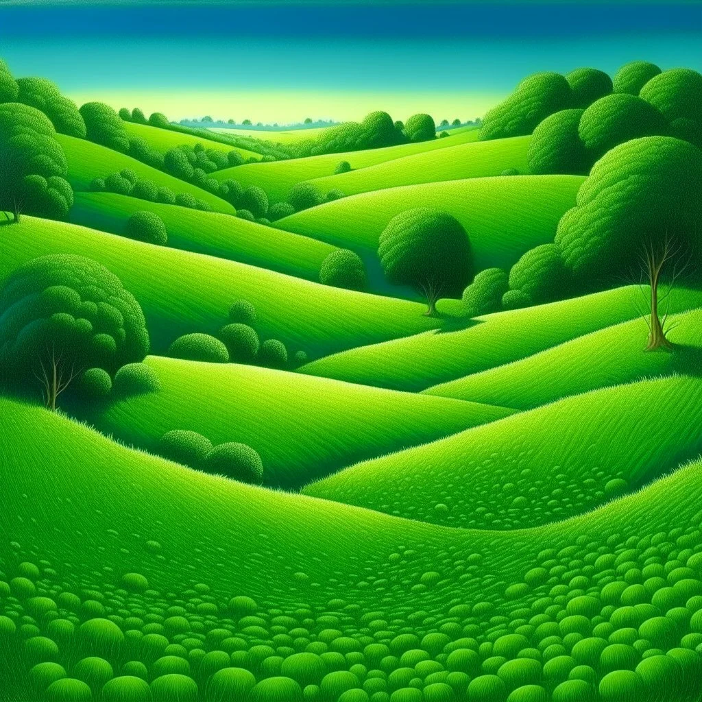 A green meadow with donut shaped hills painted by Frank Wilson