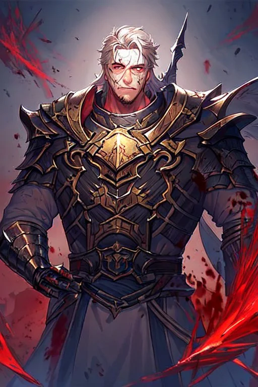 Armored Male Blood Knight Elf by manhwa or korean webtoon style there are lightning and blood spurts around the man, his face pointed at the camera, and with a serious look he lets his opponent know that it's his turn