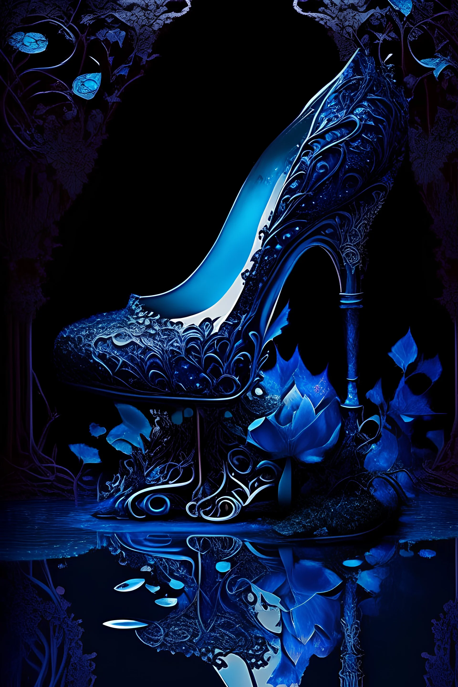 dark fantasy, intricate cover, a whimsical fairytale, high-heeled shoe made of blue glass with a pool of blood underneath