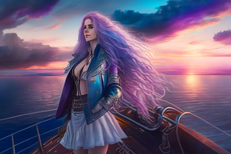 half body shot,realistic portrait of a 20-25 old caucasian model, long blue pink flowing hair, great grey eyes, blue leather jacket,full body, short white skirt,long legs,standing on deck of very big ship, beach of very nice lake with sunset ,clouds,godrayes