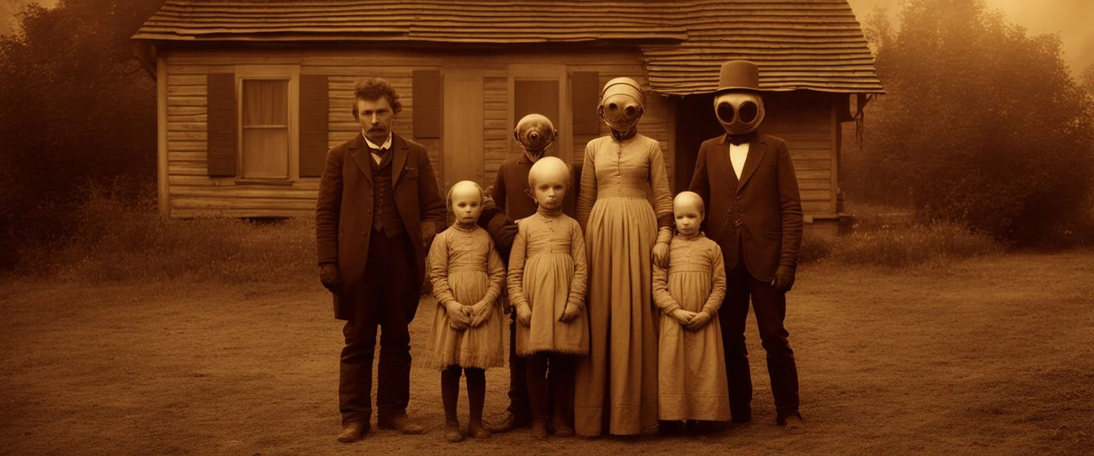 A sepia photograph from 1888, of a family posed in front of their farmhouse, with a short extra-terrestrial alien orange included as a family member bizarre by natalia shau