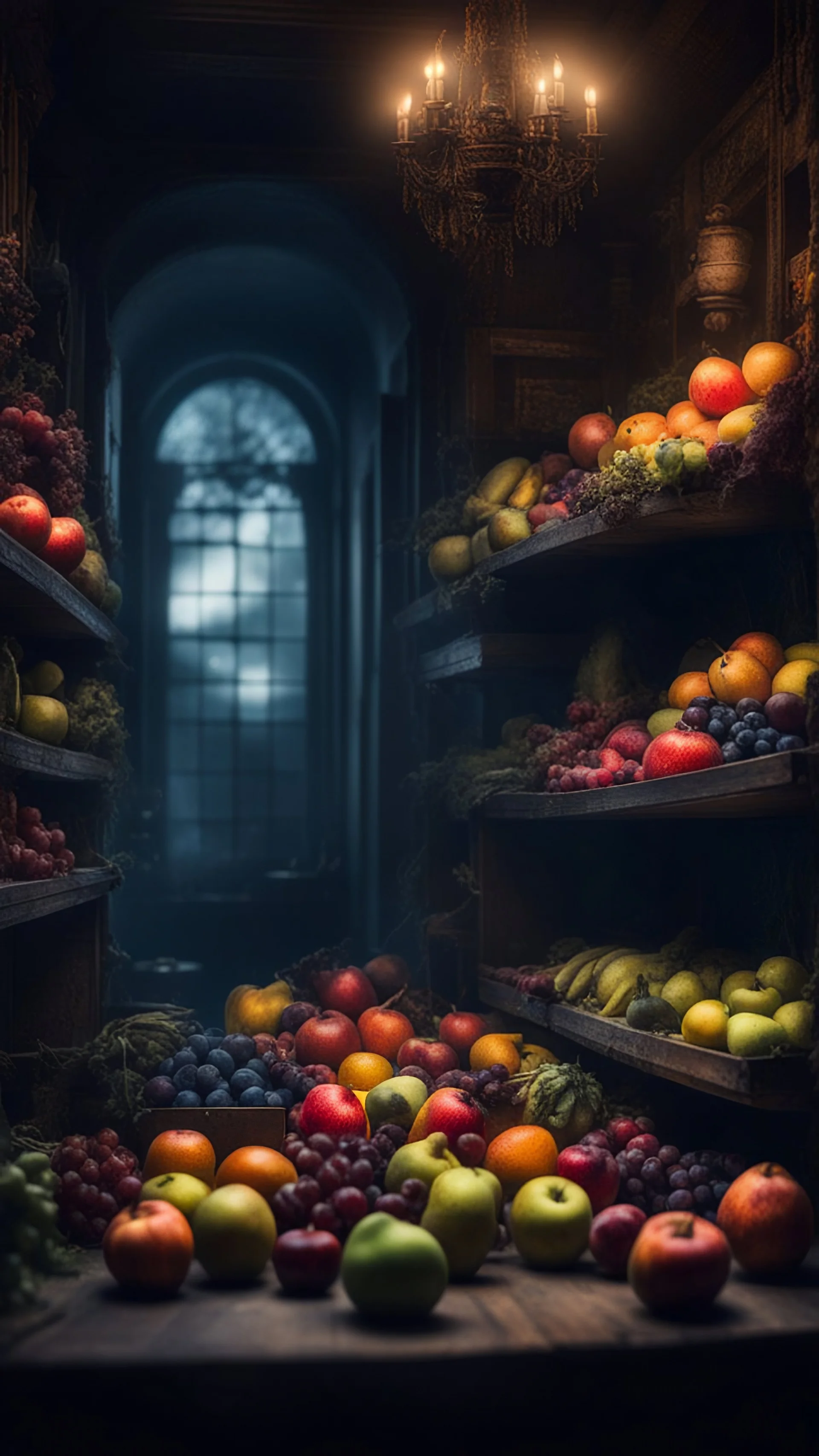 Si-Fi, The permanent under atmospheric lighting effects, a whole tables and shelves filled with all kind of fruits . intricate historical moody atmosphere, eerie grimdark ambiance, complex motherboard accents, speculative fiction art. Bokeh