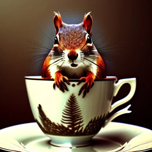 squirrel giving salute, drinking warm tea surfing waves on a teacup