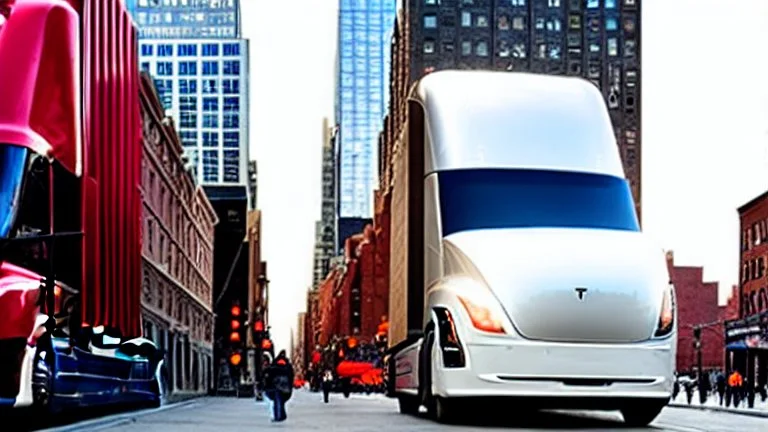 A Tesla semi-truck is racing at top speed, on the South Street Seaport, in New York. CINEMATIC. WIDE ANGLE LENS. PHOTO REAL.