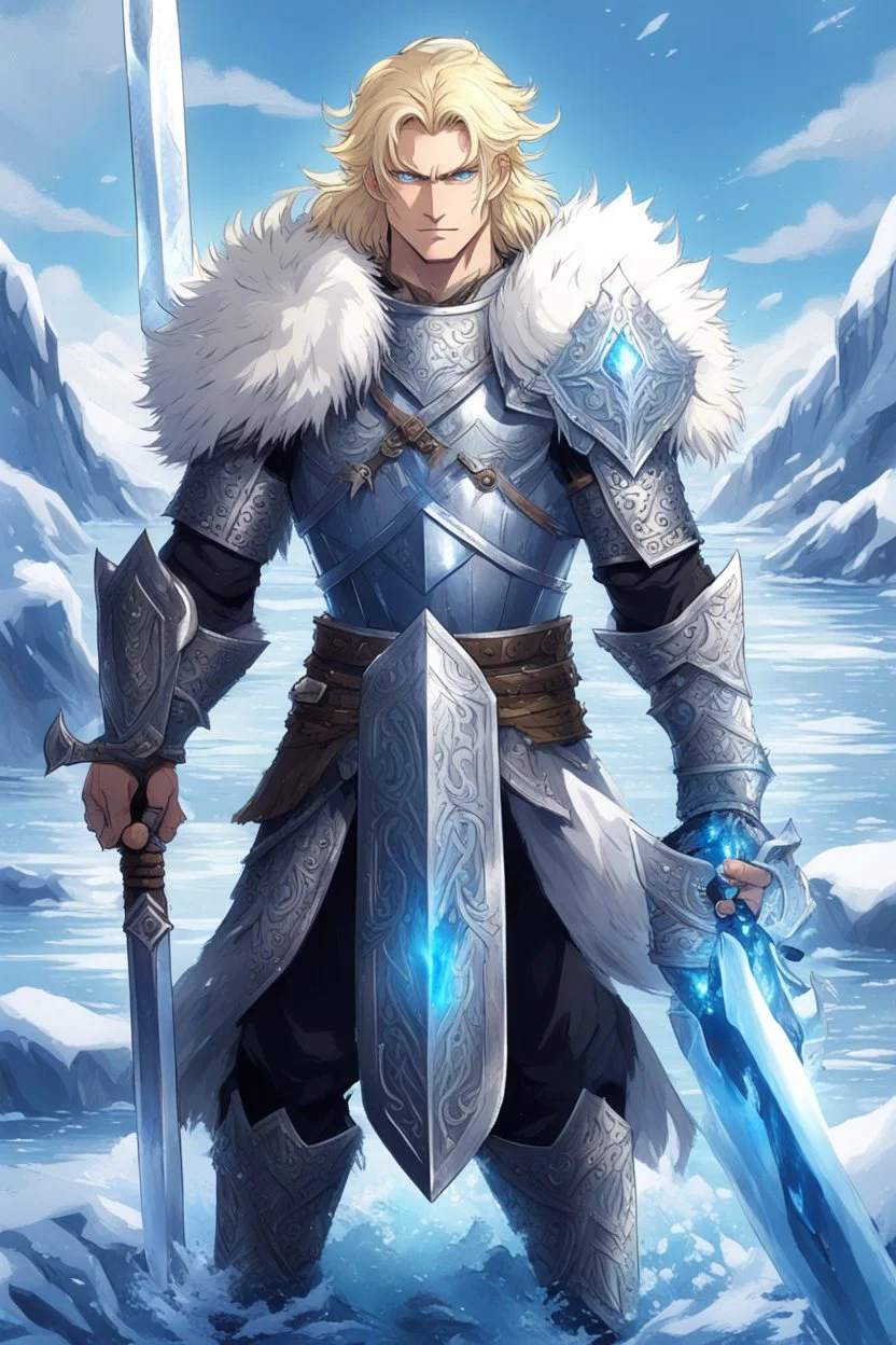 1 anime man. warrior, with blue eyes and blonde hair man in silver Viking armor with fur around the neck with blue crystal on his chest, standing in water in the artic, holding a ice sword and shield, warrior in, anime style