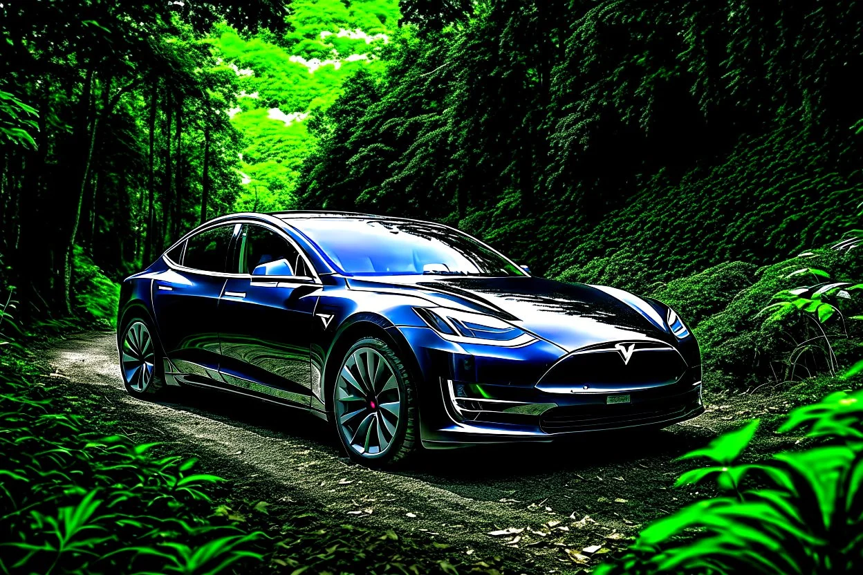 A Tesla's 'Model S Plaid' is parked, amid the 'Jurassic Park' jungle. CINEMATIC. WIDE ANGLE LENS. PHOTO REAL.