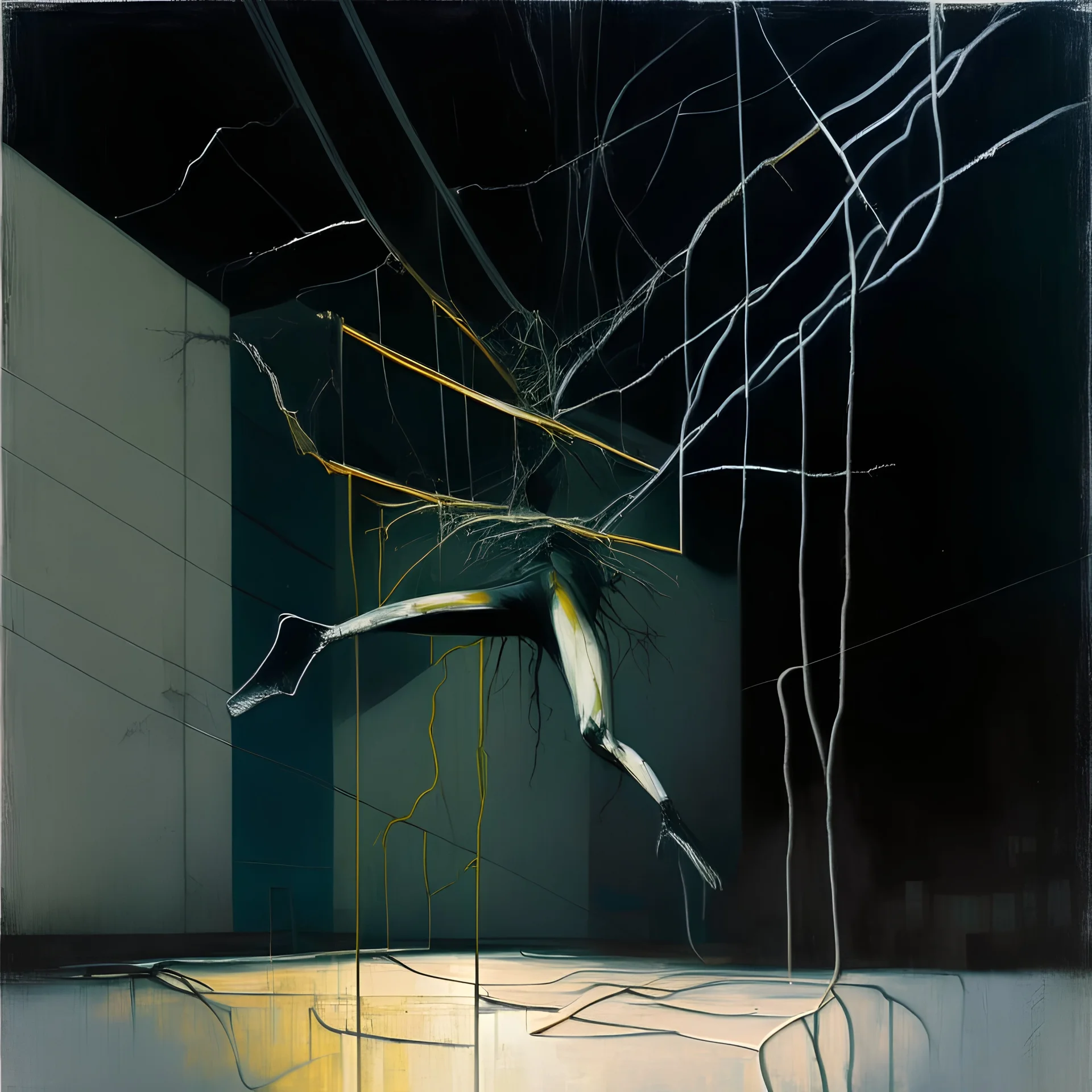 Minimal abstract oil painting of a falling person limbs sinew. Amongst concrete fragments brutalist architecture and hanging wires illuminated at night. In the style of Justin Mortimer and Francis bacon