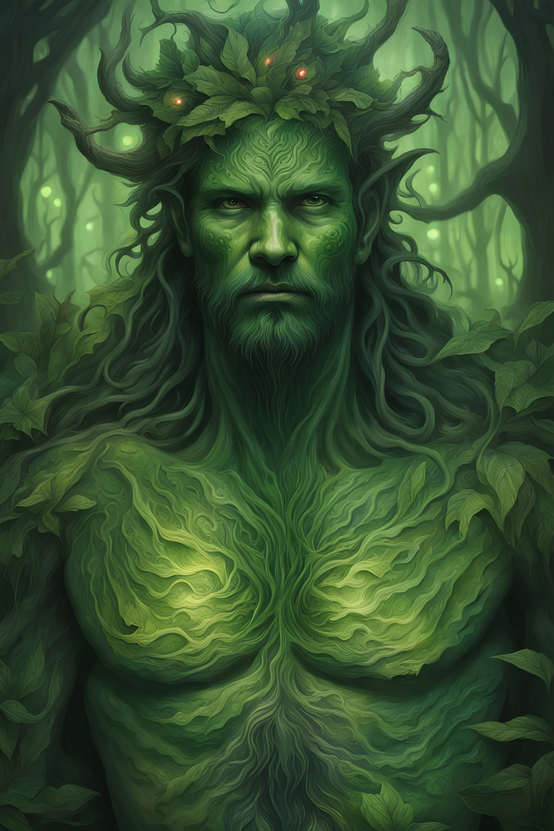 beautiful green man, swamp, colored lights, green symbols, green tattoo, 8k, high quality, hyperrealism
