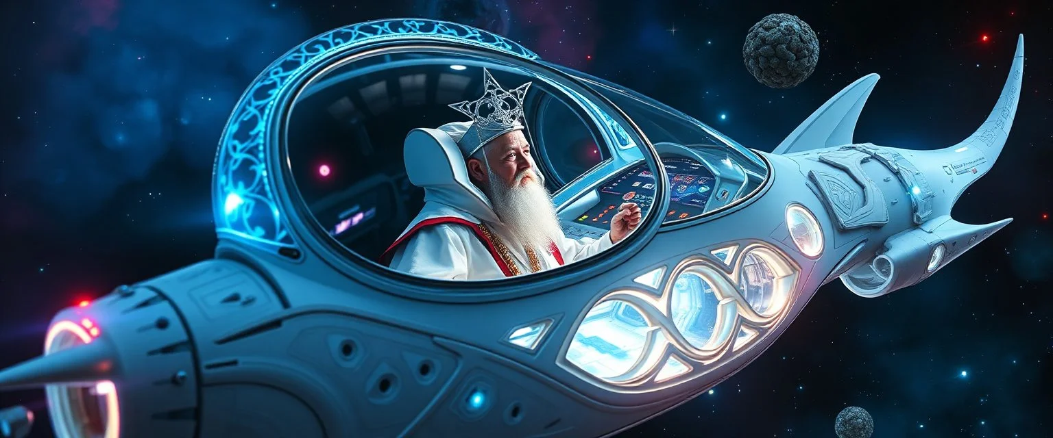 portrait of space captain, , priest psycho, in cockpit, celtic knot hollow tube transparent core ornate indented space ship, shiny bright mega ship flourescent white blue like bubble gum with a few big windows and decks, interdimensional twister, rock against colored spaced fog, space interior. split tail, winged serpent, glowing aura
