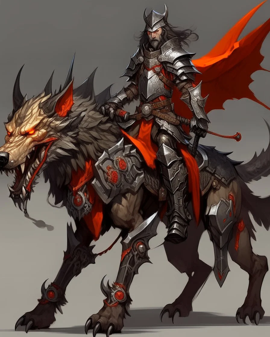 A combination of a dragon and a wolf and a commander riding on it Warrior warrior with leather and metal clothes and robotic metal