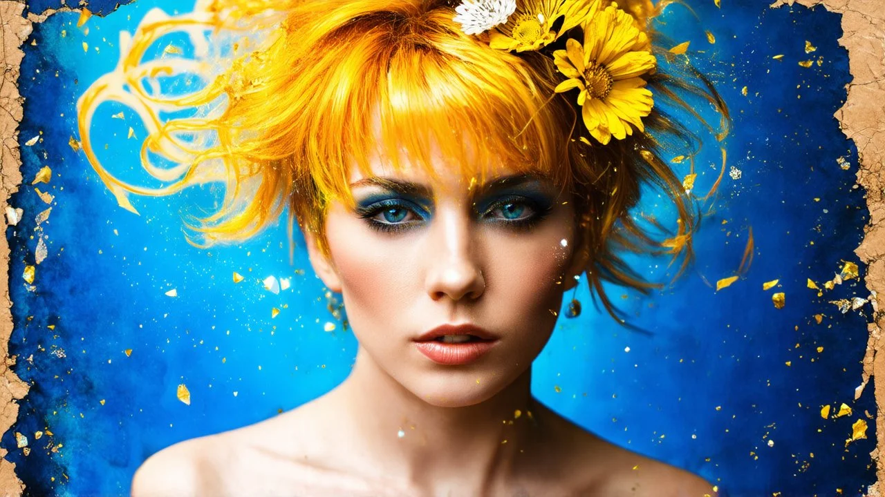 old worn paper, blue background, portrait punk woman, golden hair, flowers made of gold, golden fragments, silver particles, swirls, glare, glow from within, 8K, fine rendering, high detail, hyperrealism, high resolution, multi-layered, hyperdetail, hyperfocus,