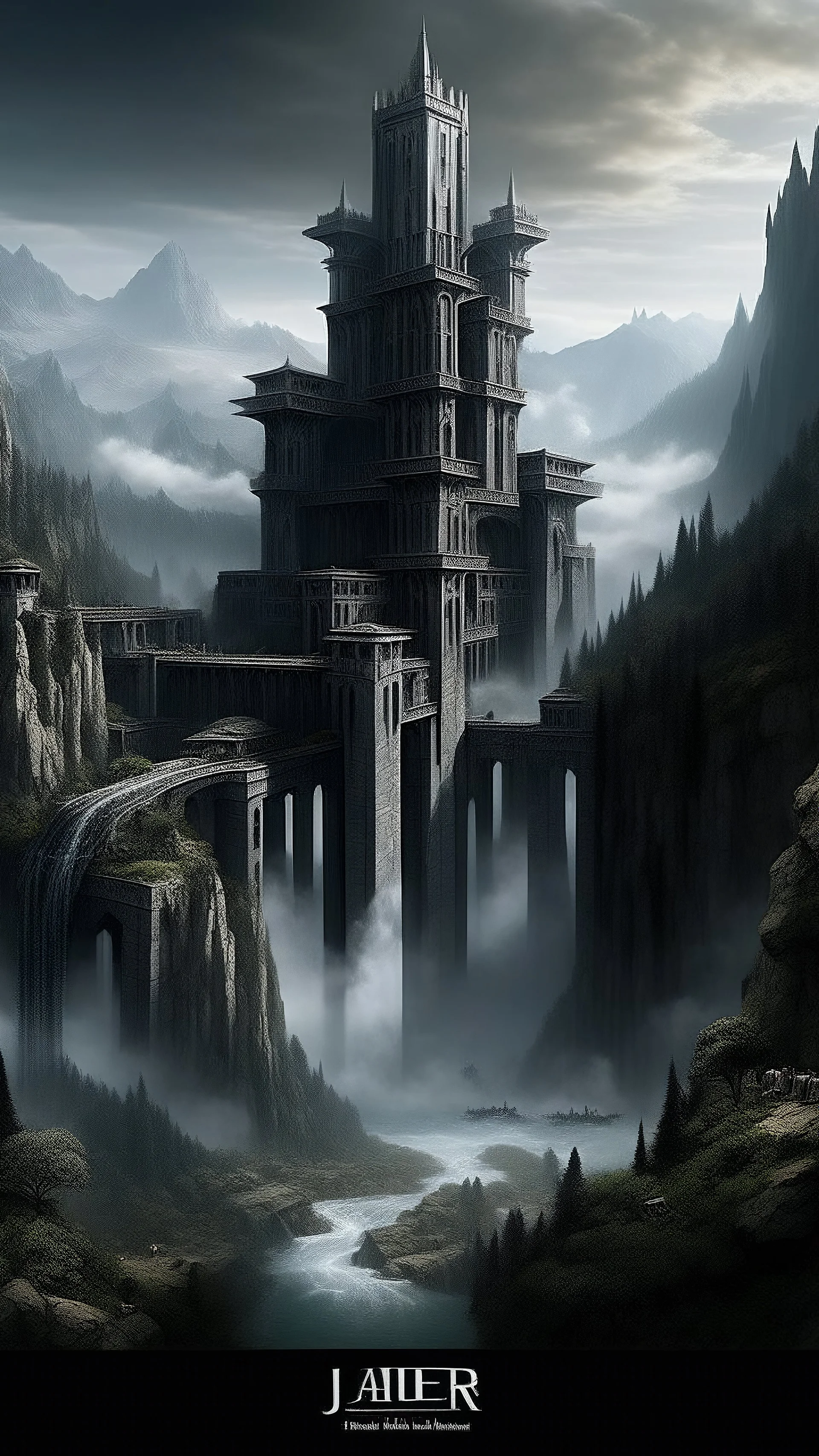 Fantasy city with 2 tall square black towers on the edge of a dam with a waterfall falling into a chasm below it in the mountains