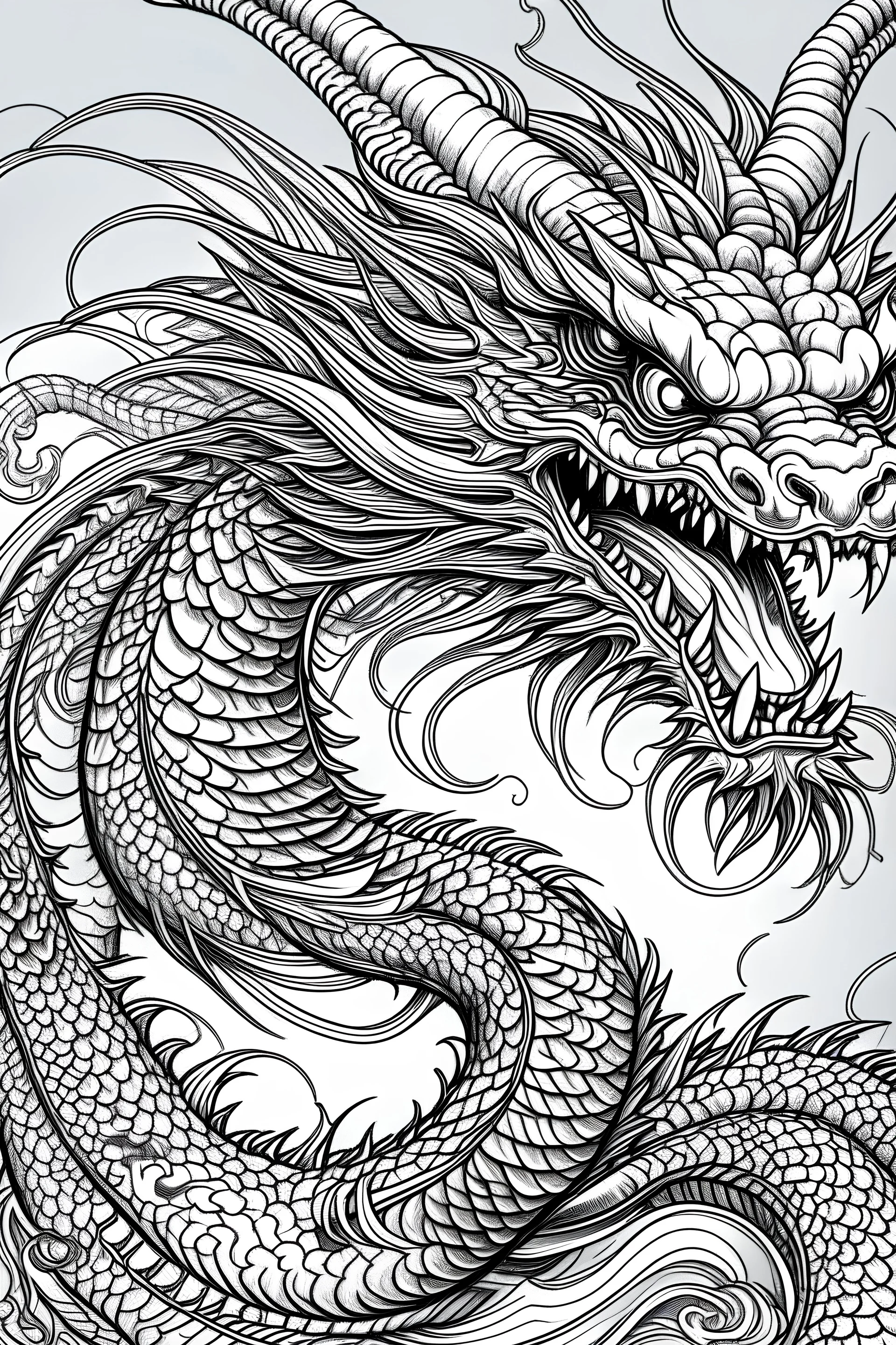 creates a black and white lineart only wireframe of a Chinese dragon, the drawing is to be used for vinyl decals