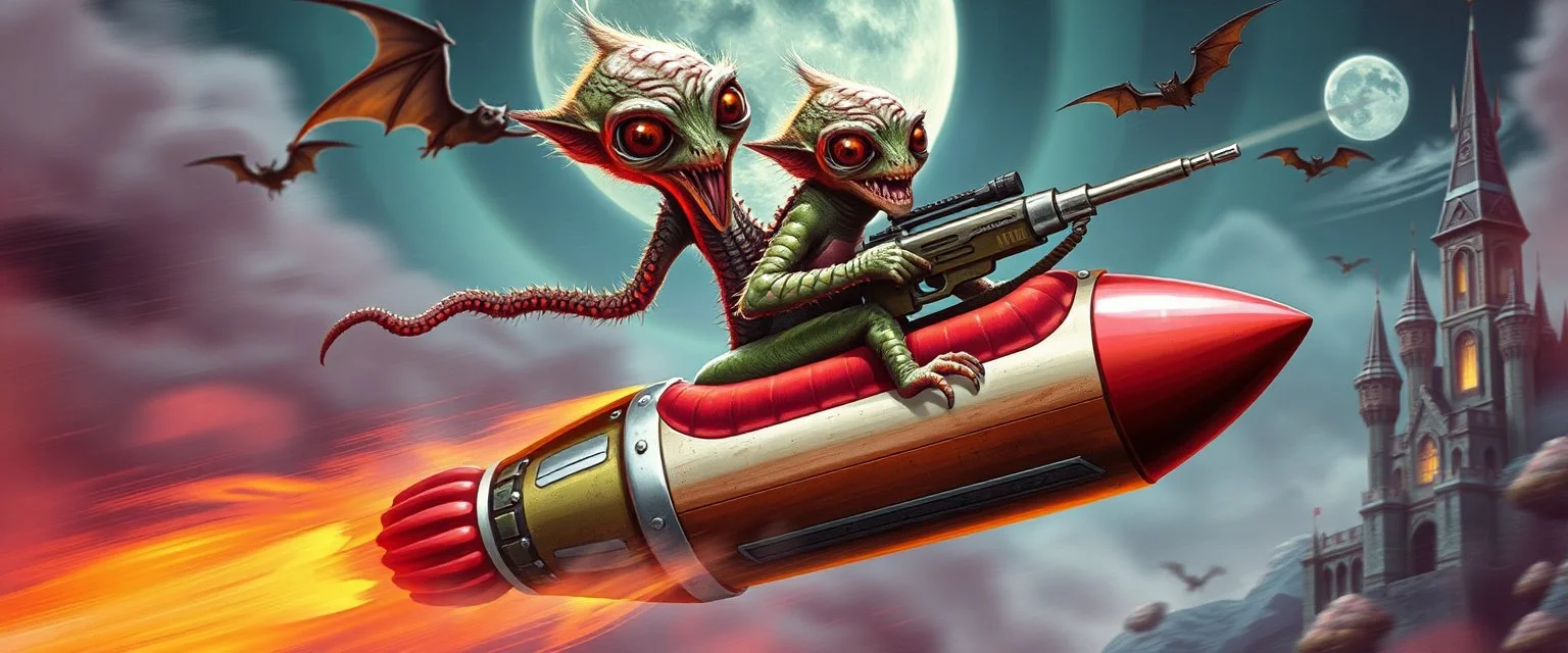hairy macho gremlin octopus lizard aliens living in a hi tech marvellous hot dog art graphics rocket with a mounted sling shot, heading for venus stone castle, background motion blur and smoke swirls, and cheeky bats