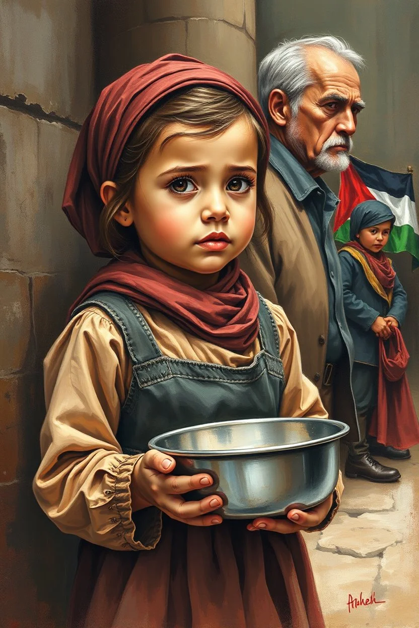 an expressive painting of a 3 years old girl poor with Ruth clothes standing in line asking for food with a pan in her hand painting, with Palestinian flag in the background, we might see a companion with features of absolute strength and determination, blended with warmth and deep faith. Perhaps his face expresses wisdom and courage, with eyes radiating confidence and faith.