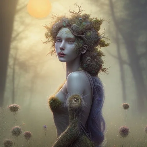 Portrait of beautiful girl, face dept of field,face shining, plant, metal, feathers, Dryad, fae, sidhe, ominous, nature, plants, wildflower flare, facepaint, dnd character portrait, intricate, oil on canvas, masterpiece, expert, insanely detailed, 4k resolution, retroanime style, cute big circular reflective eyes, cinematic smooth, intricate detail , soft smooth lighting, soft pastel colors, painted Renaissance style,sharp fucus, bokeh,macro lens, 1500mm lens