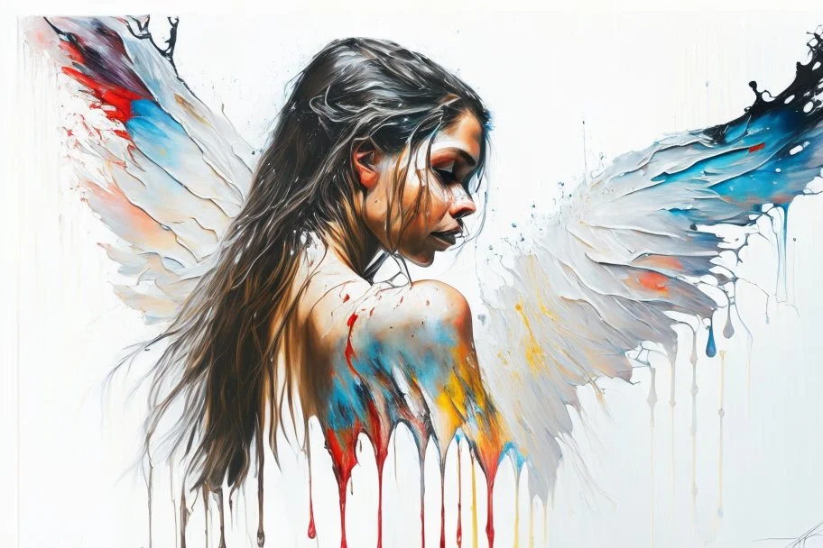 A detailed illustration of a beautiful young female human with growing out of her back. Her skin, hair and face are all made of paint. Her wings are spread. Highly detailed flawless facial features and eyes. Abstract Oil painting splash art. White background, wide angle, abstract design, beautiful, thick flowing paint strokes, dripping paint, fantasy art, modern art, ((soft happy complimentary colors,)) modern aesthetic, focused on the character, 4K resolution.