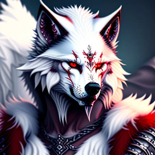 Feral, White fur, Werewolf, Red eyes, character, waist up portrait, oil on canvas, expert, insanely detailed, 4k resolution, cinematic smooth, intricate detail,