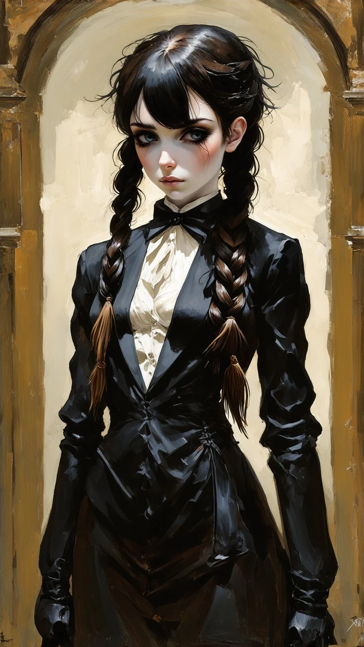 highly detailed, full body oil painting, petite goth girl with long dark braided hair, sharply defined angular facial features, anatomic perfection, by Andrea Kowch> <Yoji Shinkawa><Arthur Rackham> <Jean-Giraud Moebius, saturated vibrant natural color tones, precisely drawn and inked, 8k resolution