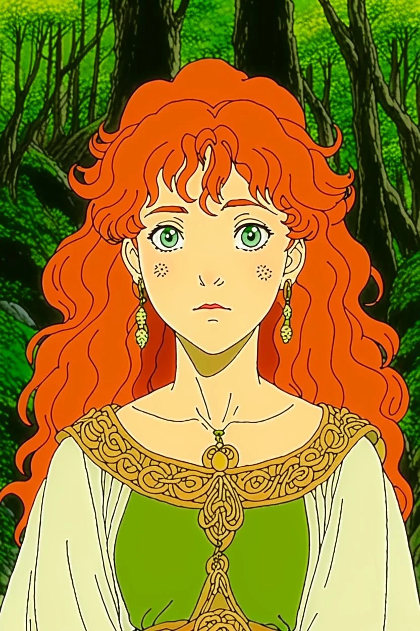 woman, elf, pointy ears, curly ginger hair, black eyes, white skin, fantasy clothing, DVD screengrab from studio ghibli movie, designed by Hayao Miyazaki, retro anime